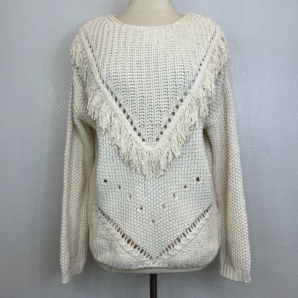 H&M Chunky Knit Fringe Sweater Cream Cotton Blend Size S